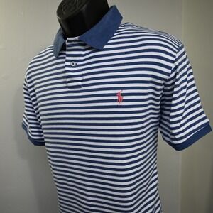 Polo by Ralph Lauren Blue and White Striped Polo with Pink Logo